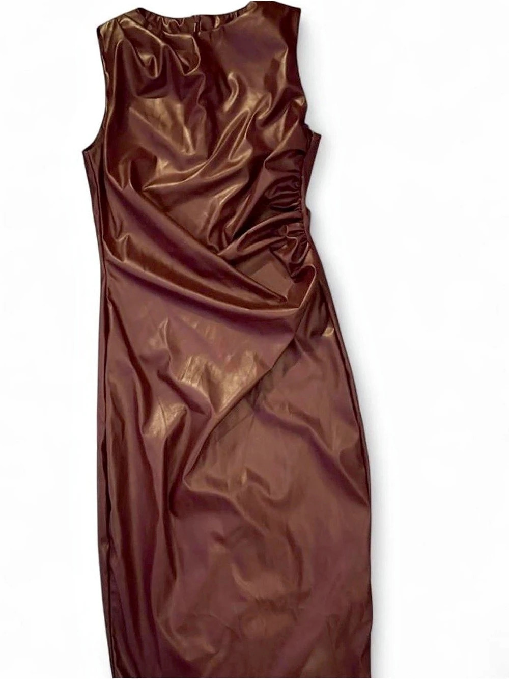 Burgundy Faux Leather Ruched Midi Dress Size M